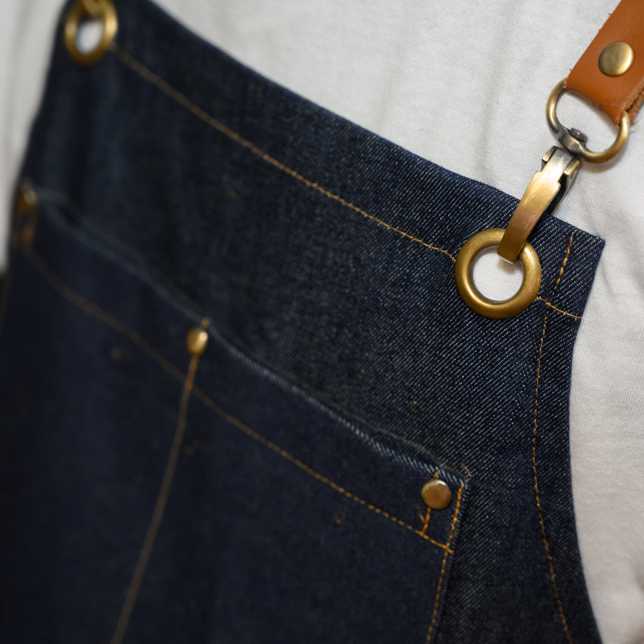 Handmade Denim Bib Apron with Leather Straps and Pockets