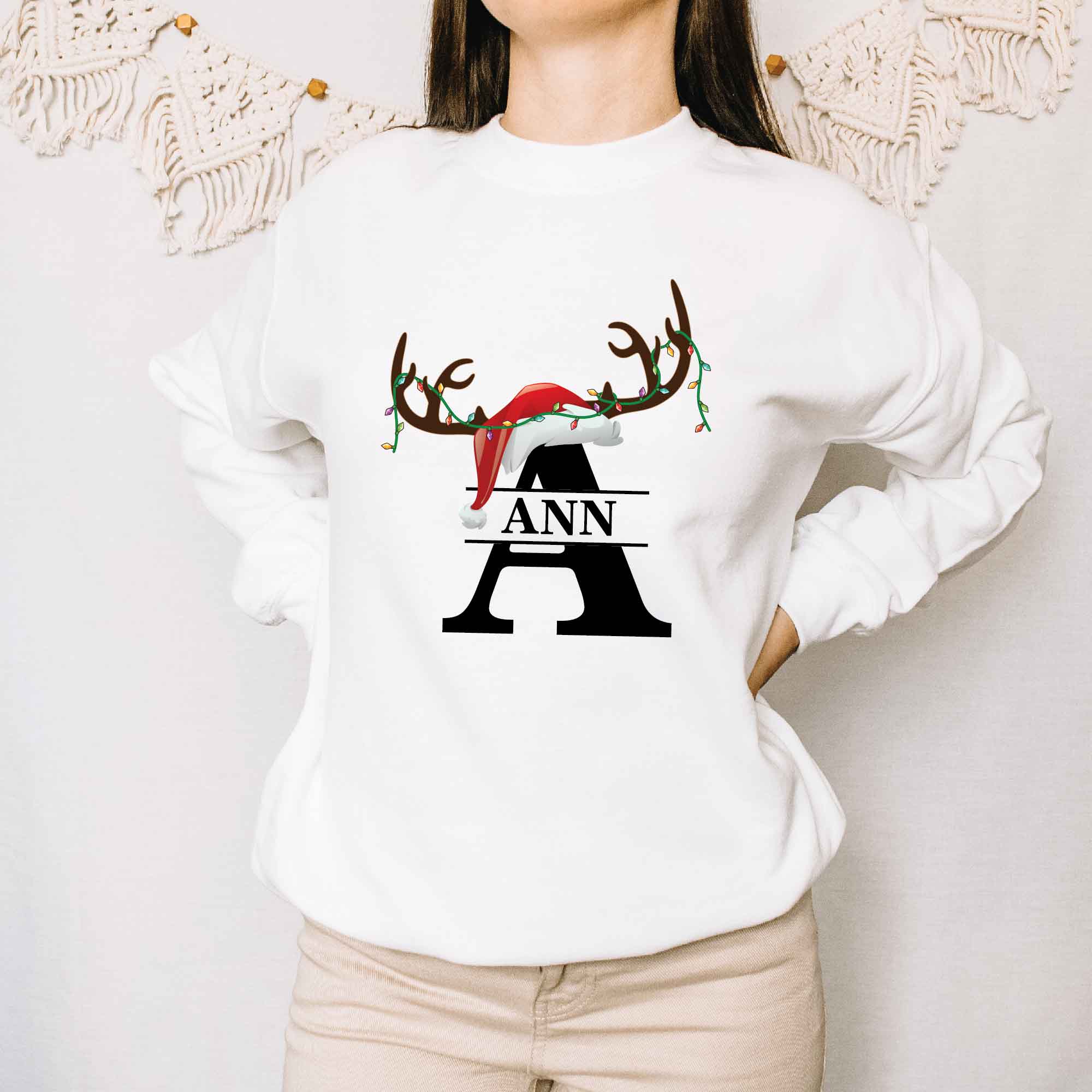 Christmas Antlers and Letter Print Black Family Matching 100% Cotton Long-sleeve Sweatshirts