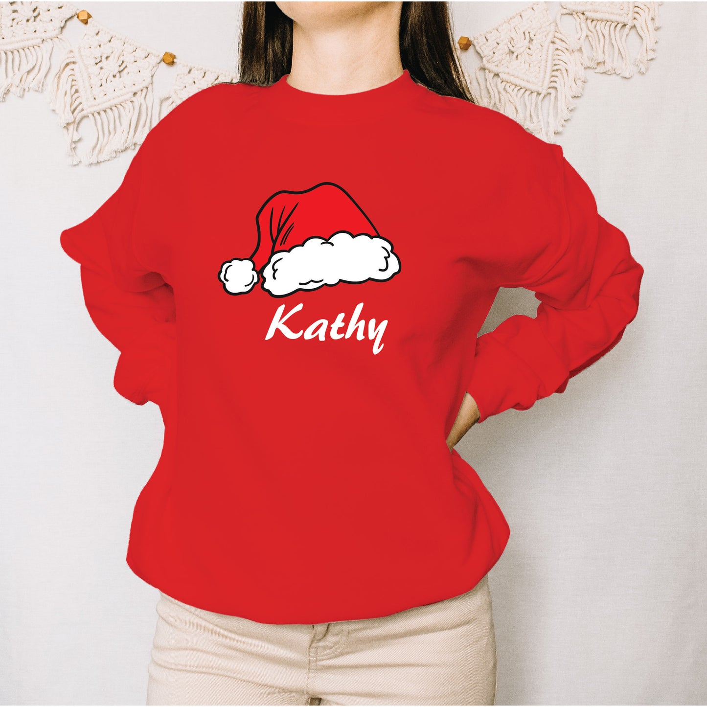 Custom Family Name with Santa Clause Hat - Unisex Christmas T-shirt, Long Sleeve, Sweatshirt